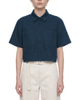 Women's crop short sleeve shirt in navy blue, view 4