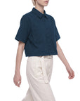 Women's crop short sleeve shirt in navy blue, view 3