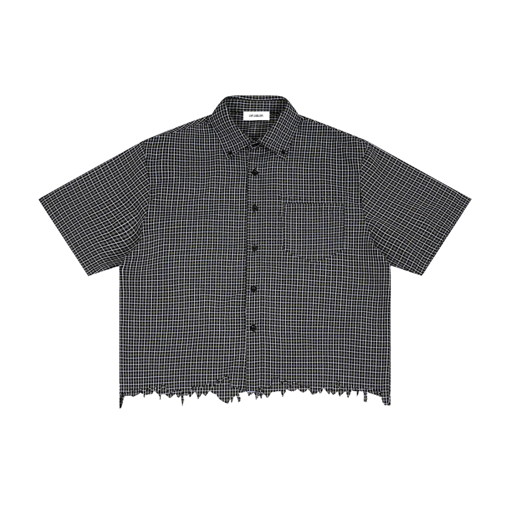 Distressed plaid boxy shirt with short sleeves