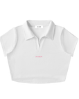 V-Neck Lapel Crop Top - White/pink
