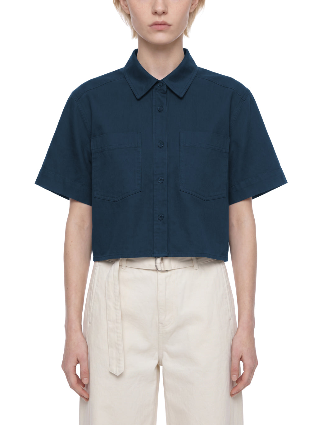 Women's crop short sleeve shirt in navy blue, view 4