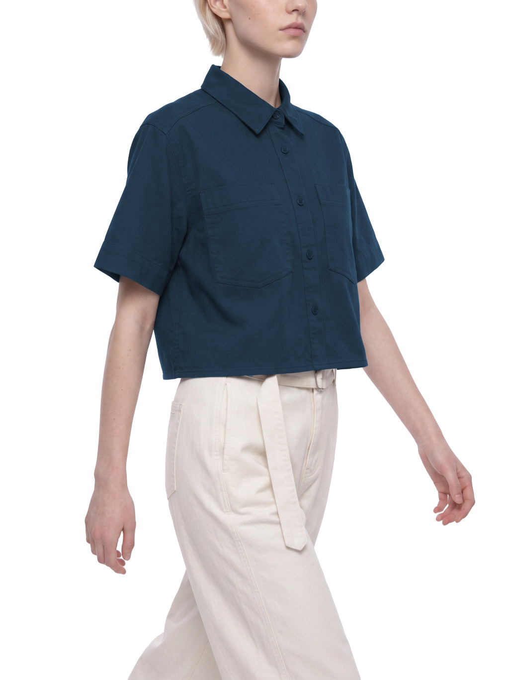 Women's crop short sleeve shirt in navy blue, view 3
